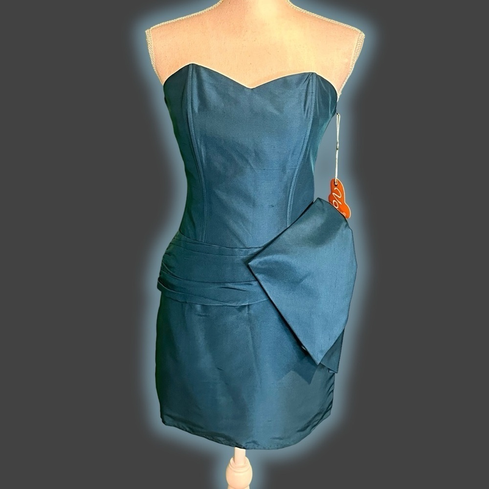 NWT Voom By Joy Han Teal Blue Silk Strapless Corseted Bow Detail Mini Dress Sz S